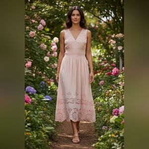 (135) Women’s Sleeveless Lace-Trim Midi Dress in Blush Pink